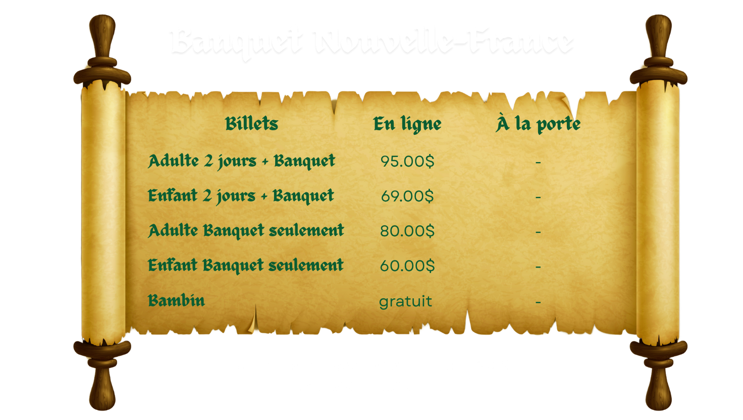 Liste de prix et lien achats billets
